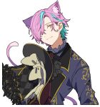  1boy :3 absurdres animal_ear_fluff animal_ears ascot black_ascot black_gloves black_headwear blue_hair blue_jacket bow cat_boy cat_ears cat_tail closed_mouth gloves gold_trim hat hat_bow highres holding holding_clothes holding_hat hoshi-toge jacket kamishiro_rui kemonomimi_mode kono_matsuri_ni_yuuyami_iro_mo_(project_sekai) looking_at_viewer multicolored_hair project_sekai purple_hair simple_background solo streaked_hair tail top_hat upper_body white_background white_bow wing_collar 