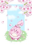  artist_name cherry_blossoms falling_petals flower grass hair_flower hair_ornament happiny highres katpro995 looking_at_viewer no_humans open_mouth petals pokemon pokemon_(creature) solo watermark white_flower 