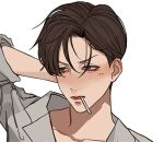 1boy arm_behind_head bishounen blush brown_eyes brown_hair candy closed_mouth collarbone collared_shirt food kagoya1219 lollipop lowres male_focus messy_hair mouth_hold original portrait shirt short_hair simple_background sleeves_past_elbows sleeves_rolled_up solo transparent_background white_shirt 