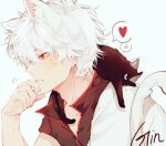  1boy anger_vein animal_on_shoulder annoyed black_cat cat cat_boy cat_tail commentary_request english_text gintama grey_hair hand_on_own_face heart light_smile lm_skeleton male_focus red_eyes sakata_gintoki solo spoken_anger_vein spoken_heart tail upper_body white_background 