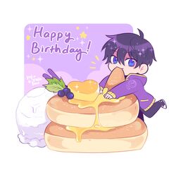  1boy absurdres black_hair blue_eyes blueberry chibi eating food fruit happy_birthday highres ice_cream indie_virtual_youtuber jacket long_sleeves looking_at_viewer male_focus pancake pancake_stack purple_jacket refrainbow short_hair shoto_(vtuber) smile souffle_pancake syrup virtual_youtuber 