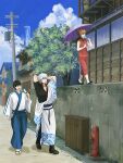  1girl 2boys absurdres arms_behind_head black_hair clouds cloudy_sky commentary_request day eating fire_hydrant food gintama glasses grey_hair hair_bun highres holding holding_umbrella house ice_cream kagura_(gintama) multiple_boys on_wall orange_hair outdoors sakata_gintoki shimura_shinpachi shooogun short_hair sky tree umbrella utility_pole walking 