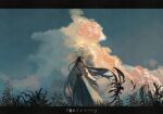  1girl black_hair clouds commentary_request grass hakama hakama_skirt horns japanese_clothes kimono letterboxed long_hair looking_at_viewer miko original outdoors scenery shimekake skirt sky solo standing translation_request very_long_hair 