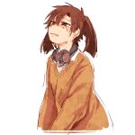  1girl blunt_ends brown_eyes brown_hair brown_sweater collared_shirt commentary_request cropped_torso crying crying_with_eyes_open enomoto_takane hair_between_eyes headphones headphones_around_neck kagerou_project long_bangs long_sleeves looking_up sad school_uniform shirt solo sweater tears upper_body v-neck wastegoma white_shirt 