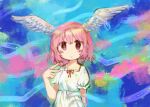  1girl abstract_background aqua_background arm_behind_back blue_background blush_stickers commentary dot_nose feathered_wings frilled_sleeves frills hand_up head_wings highres kezuru looking_at_viewer medium_hair multicolored_background original panties pink_background pink_eyes pink_hair puffy_short_sleeves puffy_sleeves red_ribbon ribbon short_hair short_sleeves solo tentacles underwear upper_body v white_panties white_wings wings 