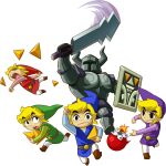  5boys armor belt blonde_hair blue_headwear blue_tunic bomb brown_footwear explosive fake_horns green_headwear green_tunic hat helmet highres holding holding_shield holding_sword holding_weapon horned_helmet horns link multiple_boys multiple_persona official_art open_mouth phantom_(the_legend_of_zelda) pointy_ears purple_headwear purple_tunic red_headwear red_tunic running shield short_hair sword teeth the_legend_of_zelda the_legend_of_zelda:_spirit_tracks toon_link transparent_background upper_teeth_only weapon 