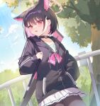  1girl animal_ears black_hair blue_archive cat_ears cat_girl colored_inner_hair cowboy_shot dutch_angle extra_ears hair_ornament hairpin halo highres kazusa_(blue_archive) multicolored_hair outdoors pink_hair pink_halo short_hair solo two-tone_hair yunweishukuang 