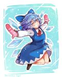  1girl black_footwear blue_background blue_bow blue_dress blue_hair bow cirno closed_eyes collared_shirt commentary detached_wings dress full_body gloves hair_bow highres ice ice_wings long_sleeves looking_at_viewer outline red_gloves shirt short_hair solo touhou twitter_username weather_(hamamurataka) white_outline white_shirt wings 
