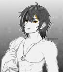  abs ace_windhover bird black_hair dog_tags eyeliner feathers highres indie_virtual_youtuber kopijeili makeup multicolored_hair non-web_source streaked_hair topless_male virtual_youtuber yellow_eyes 