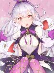  1girl blush bow forked_tongue granblue_fantasy honey-cat long_hair medusa_(shingeki_no_bahamut) open_mouth pantyhose pink_background pointy_ears puffy_short_sleeves puffy_sleeves purple_bow purple_pantyhose purple_ribbon ribbon short_sleeves sitting snake snake_hair solo tongue white_background 