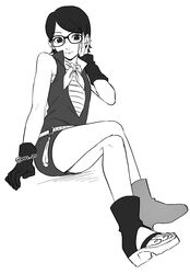  1girl bare_shoulders black_eyes black_hair boruto:_naruto_next_generations crossed_legs dress flat_chest glasses gloves highres light_smile monochrome naruto_(series) nrt_os_(artist) short_dress sitting solo strapless thighs tube_top uchiha_sarada white_background 