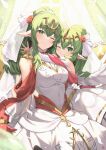  2girls bare_shoulders bridal_veil commentary_request dress fire_emblem fire_emblem:_mystery_of_the_emblem fire_emblem_awakening fire_emblem_heroes flower gloves gold_trim green_eyes green_hair hair_flower hair_ornament highres hug long_hair looking_at_viewer multiple_girls nakabayashi_zun official_alternate_costume one_eye_closed pointy_ears ponytail red_flower smile tiara tiki_(adult)_(bridal)_(fire_emblem) tiki_(adult)_(fire_emblem) tiki_(fire_emblem) tiki_(young)_(bridal)_(fire_emblem) veil wedding_dress white_dress white_gloves 