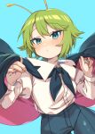  1girl absurdres antennae black_cape black_pants blue_background blush cape collared_shirt cowboy_shot e_sdss green_eyes green_hair hair_between_eyes highres juliet_sleeves long_sleeves pants puffy_sleeves red_cape shirt short_hair simple_background solo touhou white_shirt wriggle_nightbug 