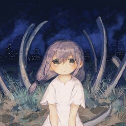  1girl blue_sky brown_eyes chimney commentary cowboy_shot cropped dress grass grey_hair highres kezuru long_hair looking_at_viewer low_twintails night original outdoors parted_lips short_sleeves sky smoke solo straight-on symbol-only_commentary twintails white_dress 