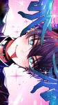  1boy arms_up black_choker black_hair blue_eyes blue_gloves blush choker closed_mouth commentary_request ear_piercing earrings eyelashes fang gloves gradient_background hair_between_eyes highres jewelry looking_at_viewer male_focus multicolored_eyes nijisanji nijisanji_en oshi_no_ko piercing pink_background pointy_ears ren_zotto short_hair sideways simple_background skin_fang smile solo sparkle star-shaped_pupils star_(symbol) striped striped_background symbol-shaped_pupils tongue tongue_out upper_body v-shaped_eyebrows violet_eyes virtual_youtuber yoy_(0yyoyy0) 