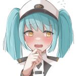 1girl @_@ blue_hair blush commentary embarrassed facing_viewer goddess_of_victory:_nikke ha hands_on_own_chin hands_on_own_face hat jacket long_hair looking_to_the_side military military_hat military_uniform open_mouth peaked_cap privaty_(nikke) sideways_glance solo twintails uniazi_mikan uniform very_long_hair wavy_mouth white_headwear white_jacket yellow_eyes 