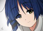  1girl animebrit blue_hair blurry blush bocchi_the_rock! close-up closed_mouth commentary dated depth_of_field green_eyes hair_ornament hairclip looking_at_viewer mole mole_under_eye portrait short_hair signature simple_background solo white_background yamada_ryou 