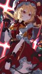  1girl absurdres blonde_hair commentary_request crystal dress embellished_costume expressionless flandre_scarlet gang_h hat highres holding holding_weapon laevatein_(touhou) looking_to_the_side mob_cap one_side_up parted_lips red_dress red_eyes solo touhou weapon wings 