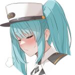  1girl blue_hair blush closed_eyes embarrassed goddess_of_victory:_nikke hat jacket long_hair military military_hat military_uniform open_mouth peaked_cap privaty_(nikke) solo twintails uniazi_mikan uniform very_long_hair white_headwear white_jacket 