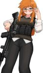  1girl absurdres adjusting_eyewear ammunition_pouch ar-15 blue_eyes collar freckles glasses gun highres long_bangs long_hair long_sleeves orange_hair original pouch rifle sleeves_rolled_up smile solo teeth trigger_discipline vest weapon xerbatt 