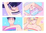  4boys adrian_(boyfriends) asexual_flag bags_under_eyes bisexual_flag black_eyes black_hair blonde_hair blue_hair boyfriends_(refrainbow) bracelet felix_(boyfriends) gradient_hair gris_swimsuit hat heart highres jewelry kevin_(boyfriends) light_blue_hair looking_at_viewer meme_attire multicolored_hair multiple_boys one_eye_closed open_mouth pink_hair purple_headwear rainbow_flag refrainbow round_eyewear scar scar_on_breasts see-through_swimsuit short_hair smile strapless strapless_swimsuit sun_hat swimsuit transgender_flag transgender_symbol vincent_(boyfriends) violet_eyes 