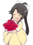  1girl absurdres aged_down black_hair bouquet bow closed_eyes dress flower hair_bow high_school_fleet highres holding holding_bouquet long_dress long_hair midorima_bocchi munetani_mashiro open_mouth ponytail red_flower red_rose rose simple_background solo 