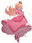  1girl blonde_hair blue_eyes blue_gemstone breasts brooch cherry_blossoms clenched_hand closed_mouth crown dress earrings eyelashes full_body gem gloves hand_up high_heels highres jewelry long_dress long_hair looking_at_viewer medium_breasts meowersnow pink_dress pink_footwear princess princess_peach puffy_short_sleeves puffy_sleeves short_sleeves simple_background smile solo super_mario_bros. white_background 