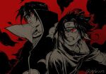  2boys akatsuki_uniform angry black_hair brothers clenched_teeth clouds commentary_request ctfsxxrt headband highres male_focus multiple_boys naruto_(series) red_eyes red_sky sharingan short_hair siblings sky teeth uchiha_itachi uchiha_sasuke 