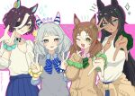  4girls alternate_costume alternate_hairstyle animal_ears black_hair blush brown_hair collarbone dark-skinned_female dark_skin double_v eyepatch fine_motion_(umamusume) green_eyes grey_hair gyaru hair_between_eyes hair_ornament highres hishi_miracle_(umamusume) horse_ears horse_tail jewelry long_hair medium_hair multiple_girls necklace one_eye_closed ribbon school_uniform symboli_kris_s_(umamusume) tail tanino_gimlet_(umamusume) uida_(vodka_0404_) umamusume v 