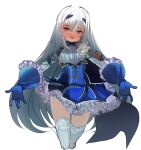  1girl blue_gloves blush breasts dress eyebrows_hidden_by_hair fairy_knight_lancelot_(fate) fairy_knight_lancelot_(second_ascension)_(fate) fate/grand_order fate_(series) flower frilled_dress frilled_gloves frilled_skirt frills gloves hair_between_eyes hey_taisyou highres long_hair open_mouth outstretched_arms shoulder_cape simple_background skirt small_breasts solo thigh-highs thighs upper_body white_background white_flower white_hair white_thighhighs yellow_eyes 