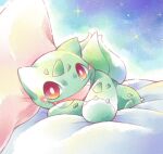  bed_sheet blush bright_pupils bulbasaur chiyo_(195815) claws creature fangs open_mouth pillow pokemon pokemon_(creature) red_eyes sky star_(sky) starry_sky white_pupils 