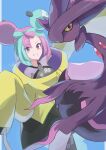  1girl blue_background bow-shaped_hair character_hair_ornament dusk_poke27 green_hair grey_pantyhose grey_shirt grin hair_ornament highres iono_(pokemon) jacket long_hair looking_at_viewer mismagius mixed-language_commentary multicolored_hair pantyhose pink_hair pokemon pokemon_(creature) pokemon_(game) pokemon_sv shirt signature sleeveless sleeveless_shirt sleeves_past_fingers sleeves_past_wrists smile teeth two-tone_hair violet_eyes yellow_jacket 