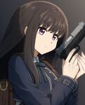  1girl :o absurdres backpack bag black_hair blue_dress closed_mouth collared_shirt commentary dress finger_on_trigger green_ribbon gun handgun highres holding holding_gun holding_weapon inoue_takina long_hair long_sleeves looking_ahead lycoris_recoil lycoris_uniform m1911 neck_ribbon parted_lips ribbon s&amp;w_m&amp;p shade shirt solo torigon upper_body violet_eyes weapon white_shirt 