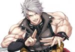  1boy bare_shoulders chipp_zanuff earrings ebi_pri_shrimp fingerless_gloves gloves grey_hair guilty_gear guilty_gear_strive hand_gesture jewelry looking_at_viewer male_focus muscular muscular_male red_eyes sharp_teeth shirt simple_background sleeveless sleeveless_shirt smile teeth 