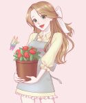  1girl :d apron bow brown_hair flower_pot hair_bow highres looking_at_viewer paper_mario pink_background pink_nails shirt smile solo soma_(zaaaaahaaaaaz) standing super_mario_bros. super_paper_mario tippi_(paper_mario) white_bow yellow_shirt 