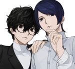  2boys amamiya_ren black_eyes black_hair black_jacket blue_hair buttons closed_mouth glasses hand_on_another&#039;s_shoulder jacket kitagawa_yuusuke long_sleeves looking_at_viewer male_focus mudo_on8 multiple_boys persona persona_5 shirt simple_background upper_body white_background white_shirt 