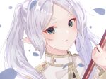  1girl alicealice_16 earrings elf frieren green_eyes highres holding holding_polearm holding_weapon jewelry long_hair looking_at_viewer open_mouth parted_bangs petals pointy_ears polearm portrait simple_background solo sousou_no_frieren twintails weapon white_background white_hair 