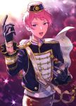  1boy black_gloves bright_pupils buttons commentary_request cowboy_shot ensemble_stars! formal gloves hat high_collar highres itsuki_shu long_sleeves official_alternate_costume open_mouth pink_hair pink_theme puffy_sleeves sash short_hair shoulder_boards shoulder_sash solo teeth upper_teeth_only violet_eyes wednesday_108 white_pupils 