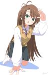  1girl absurdres ahoge artist_name blush brown_hair cynical_(llcbluckg_c004) dot_nose green_eyes hand_up highres koshigaya_komari long_hair looking_at_viewer non_non_biyori open_mouth school_uniform simple_background socks solo white_background 