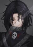  1boy black_hair blue_eyes commentary_request feitan_portor hair_over_eyes highres hunter_x_hunter looking_to_the_side male_focus nenene_a2023 short_hair simple_background solo upper_body 