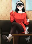  1girl black_hair boots breasts couch danmakuman dress earrings gold_earrings hairband high_heel_boots high_heels highres indoors jewelry living_room pantyhose red_dress red_eyes red_sweater sitting smile solo spy_x_family sweater white_footwear white_hairband yor_briar 
