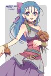  1girl artist_name asymmetrical_sleeves bare_shoulders blue_eyes blue_hair border bow bracelet collarbone commentary_request cowboy_shot dragon_quest dragon_quest_v dress earrings flora_(dq5) flower gorugon hair_behind_ear hair_bow hair_pulled_back half_updo holding holding_flower huge_bow jewelry looking_at_viewer neck_ring open_mouth pink_bow single-shoulder_dress single_strap sleeveless sleeveless_dress smile solo teeth upper_teeth_only white_border 