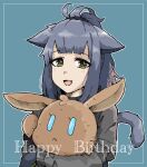  1girl :d absurdres animal_ears arknights black_gloves black_hair blue_background cat_ears cat_girl cat_tail fang gloves green_eyes grey_jacket happy_birthday highres jacket jessica_(arknights) kumamu layered_sleeves long_hair long_sleeves looking_at_viewer multicolored_hair object_hug short_over_long_sleeves short_sleeves simple_background smile solo streaked_hair stuffed_animal stuffed_rabbit stuffed_toy tail 