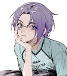  1boy blue_lock blue_shirt hand_up looking_at_viewer male_focus mikage_reo purple_hair shirt shizuka000217 short_hair short_sleeves simple_background solo upper_body violet_eyes white_background 