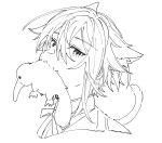  1boy animal_ear_fluff animal_ears cat_ears cat_tail greyscale highres hoshi-toge kamishiro_rui male_focus monochrome mouth_hold neck_ribbon platypus portrait project_sekai ribbon sidelocks simple_background solo tail 