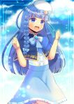  1girl :d blue_bow blue_capelet blue_eyes blue_hair blue_skirt blurry blurry_background bow braid brooch capelet center_frills commentary_request commission depth_of_field frilled_skirt frills hands_up jewelry kou_hiyoyo long_hair looking_at_viewer original shirt single_braid skeb_commission skirt smile solo tilted_headwear very_long_hair white_headwear white_shirt 
