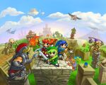  6+boys absurdres armor ball_and_chain_(weapon) belt blue_hair blue_headwear blue_sky blue_tunic bow_(weapon) brown_footwear clouds day fake_horns fireball green_hair green_headwear green_tunic helmet highres holding holding_polearm holding_sword holding_weapon horned_helmet horns link magic monster multiple_boys multiple_persona octorok official_art outdoors pointy_ears polearm red_headwear red_tunic redhead short_hair skeleton sky spear sword the_legend_of_zelda the_legend_of_zelda:_tri_force_heroes toon_link weapon 