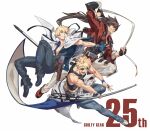  3boys aqua_eyes black_gloves blonde_hair blue_eyes blue_gloves brown_hair covered_abs eyepatch family father-in-law_and_son-in-law father_and_son fingerless_gloves flag flagpole forehead_protector gloves grandfather_and_grandson guilty_gear guilty_gear_strive headband highres holding holding_flag ky_kiske long_hair long_sleeves looking_at_viewer male_focus multiple_boys muscular muscular_male open_mouth pectorals ponytail red_eyes short_hair simple_background sin_kiske smile sol_badguy spiky_hair talgi weapon 