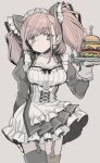  1girl alternate_costume atlanta_(kancolle) black_dress black_thighhighs blush brown_hair burger closed_mouth cowboy_shot dress earrings enmaided food frilled_dress frills garter_straps grey_background grey_eyes holding jewelry kantai_collection long_hair long_sleeves maid maid_headdress monaka_ooji simple_background single_earring solo star_(symbol) star_earrings thigh-highs two_side_up 