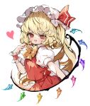  artist_name blonde_hair blood blood_on_clothes blood_on_hands bow crystal_wings flandre_scarlet hat hat_bow heart highres mob_cap open_mouth piyokichi red_bow red_eyes side_ponytail smile touhou wings yellow_bow 